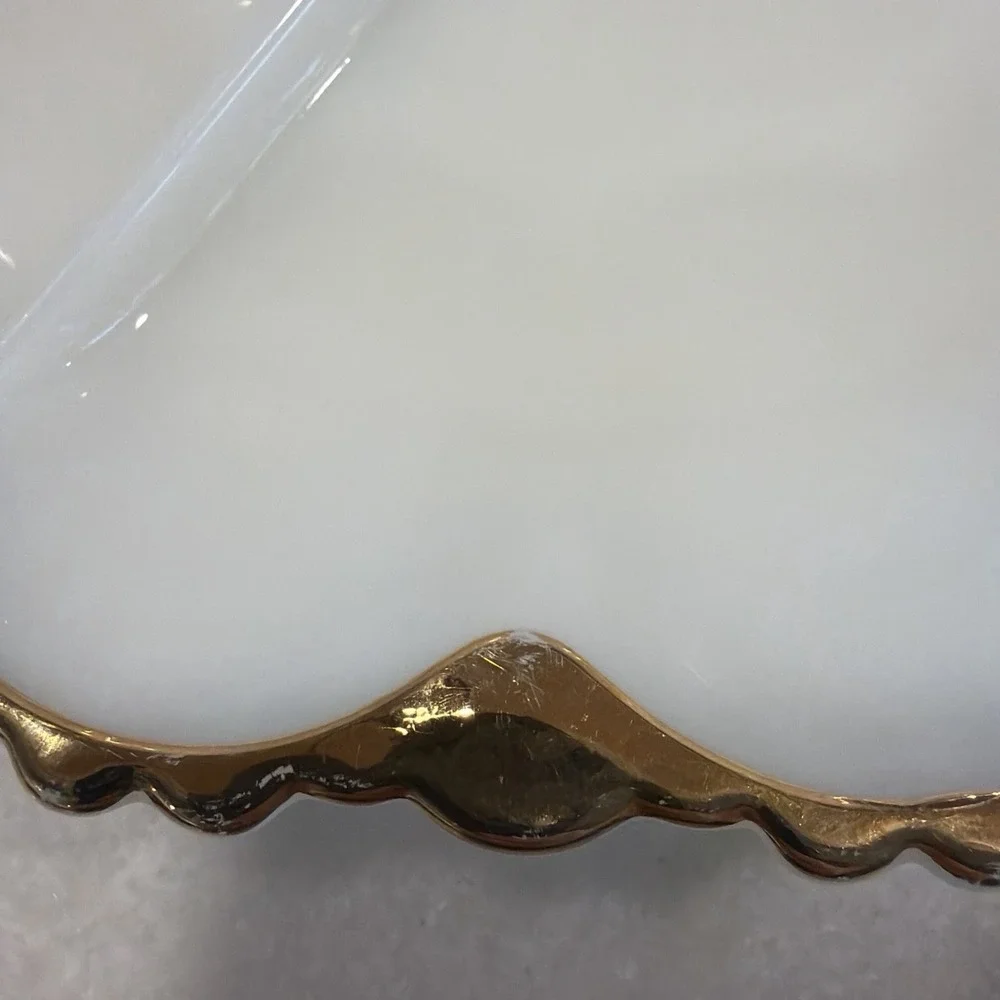 Vintage Anchor Hocking Fire King White Milk Glass Divided DishWith Gold Trim 001
